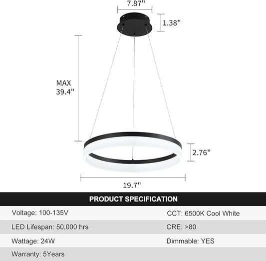 Buccleuch Modern LED Chandelier - Dimmable 19.7" Black Round Pendant Light, Height Adjustable UL-Certified Ceiling Light for Dining Room, Kitchen Island, Living Room, Bedroom, Foyer