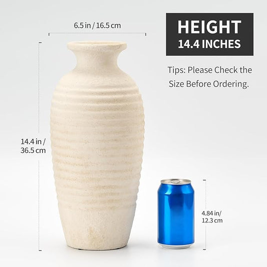 Ceramic Natural Rustic Vase, 14.4 Inch Large Vintage Flower Threaded Decorative Farmhouse Tall Vase for Home Decor, Living Room, Shelf Decor, Wedding, Housewarming Gift, Off-White