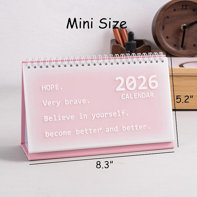 2026 Mini Desk Calendar New Year Planner Flip Calendar 8.3" x 5.2" - Pink (Oct. 2025 to Dec. 2026)
