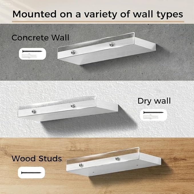 3 Pack Wooden Floating Shelves for Wall with Acrylic Front Lip, 15.7 IN Wall Mounted Rustic Style Shelves for Bathroom, Bedroom, Living Room, Kitchen, Hanging Shelves, White