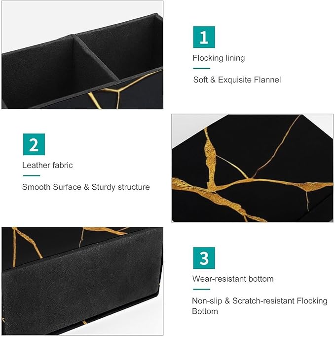 Large Desk Leather Pen Holder Table Pen Organizer Makeup Brush Storage Black Marble Gold Texture