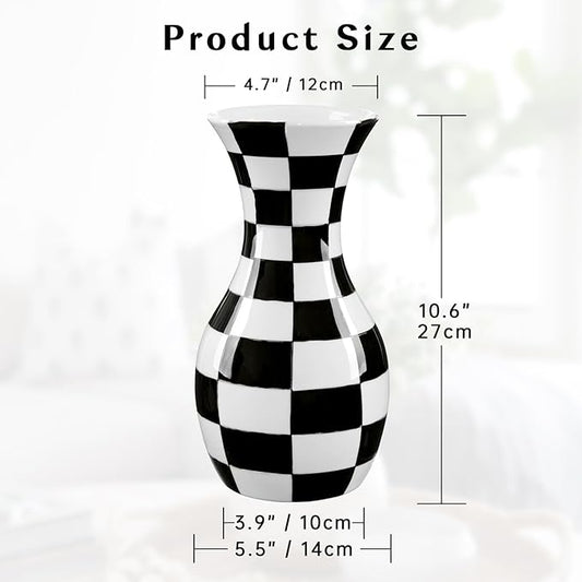 Black and White Ceramic Vase, 11" Tall Black Checkered Vase in Wide Mouth, Large Decorative Flower Vases for Decor Living Room, Table Centerpiece, Dining Room, Entryways, Wedding Decor, Porcelain Vase