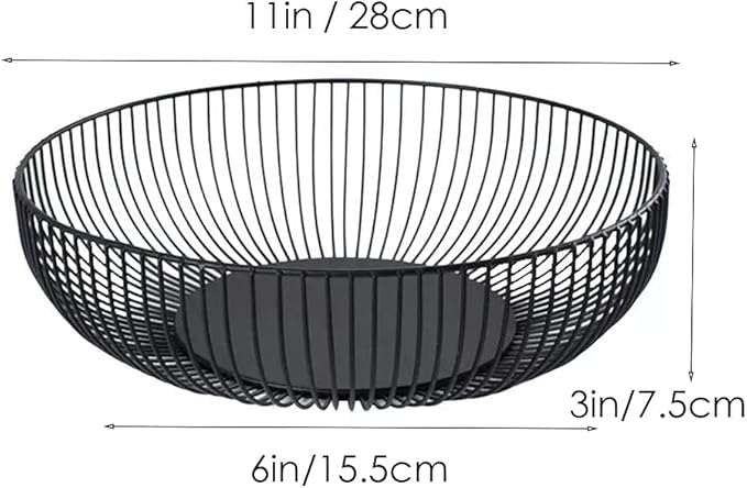 Fruit Bowl for Kitchen Counter, Black Wire Fruit Bowl, Metal Countertop Fruit Basket, 11 Inches Round Holder for Lemon, Banana, Candy, Snack in Office (Round C)