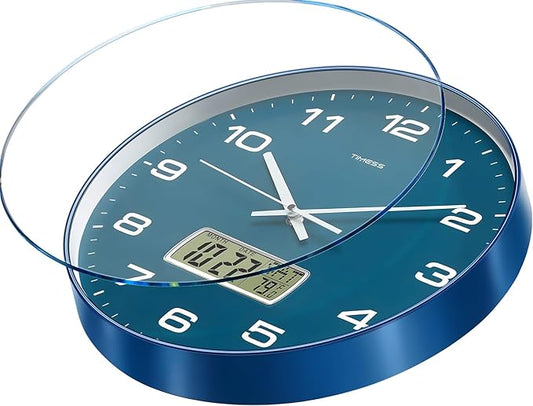 Wall Clock, 12" Dial Non-Ticking Silent Battery Operated Analog with LCD Display for Perpetual Calendar and F° Temperature, Ideal Modern Home, Bedroom, Kitchen, Office Decor (Blue)