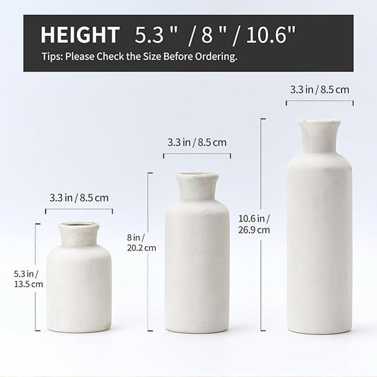 LUKA Ceramic Vase Set of 3,Decorative Terracotta Vases for Home Decor,Rustic Pottery Vase for Your Bedroom,Office,Living Room,Fireplace,Bookshelf (10+7.5+5 Inch) (Antique-White)