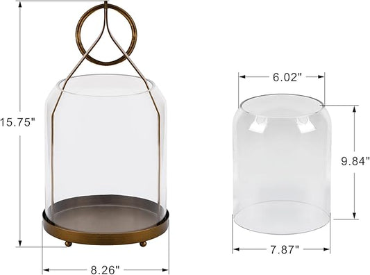 8" Wide Modern Hurricane Candle Holder with Handmade Scandinavian Glass Sleeve in Antique Brass for Pillar Candle & Plants, Hurricane Lantern Industrial, Minimalistic, Shabby Chic (1, Brass, 8"x16")