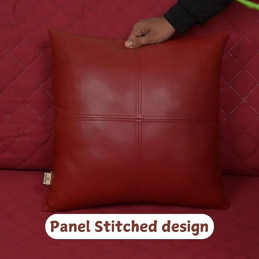 Lambskin Leather Pillow Cover, Hand Panel Stitched Leather Decorative Throw Pillow Covers for Couch Sofa Bed Living Room Garden (20x20 Inches, Reddish Brown Pack of 2)