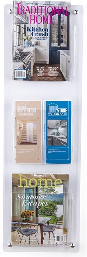 Displays2go Three Pocket Magazine Wall Rack, Display Periodicals or Brochures - Clear (2RP3CLR)