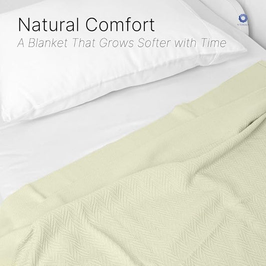 100% Cotton Herringbone Weave Blankets, 90" X 90" Queen, Throw Blanket for Bed, All Season Cotton Blanket, Cozy Blanket,Throws & Bed Blanket, Throw Blanket for Couch, Modern Home Decor -Sage