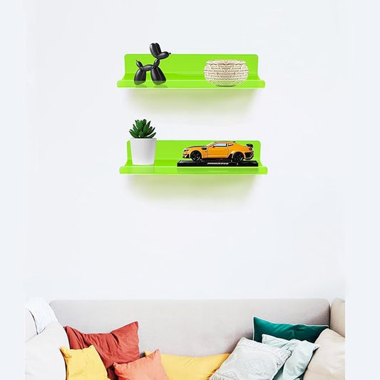 ROYALITA Small Acrylic Shelves Wall Mounted | Set of 2 | 12 Inches | Wall Hanging Plant Display Shelves, Room Decor Floating Wall Shelves for Gaming Room Bedroom, Living Room, Office, Green