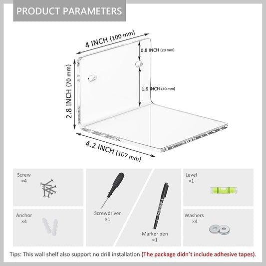 Sezanrpt 4 Inches Clear Small Wall Shelves, 4mm Thickness Acrylic Small Floating Shelf for Figures, Plants, Security Cameras, Speakers, Moisture-Proof, 2 Pack