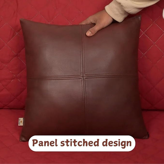 Lambskin Leather Pillow Cover, Hand Panel Stitched Leather Decorative Throw Pillow Covers for Couch Sofa Bed Living Room Garden (22x22 Inches, Deep Maroon Pack of 2)
