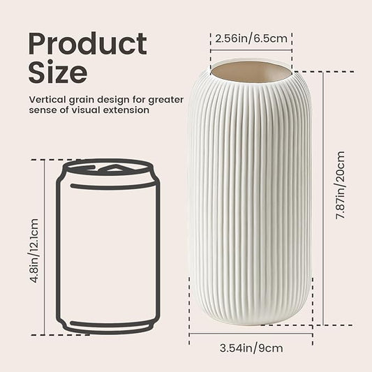 Bohemian White Ceramic Vase - for Pampas Grass, Mantel, Bookshelf, Entryway and Living Room Decor (White, 8in-Pill)