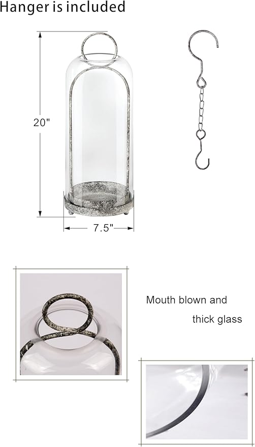 20" High Versatile Modern Metal Hurricane Lantern with Handmade Sturdy Glass Dome in Rustic Black for Pillar Candle & Plants, Industrial, Farmhouse, Shabby Chic