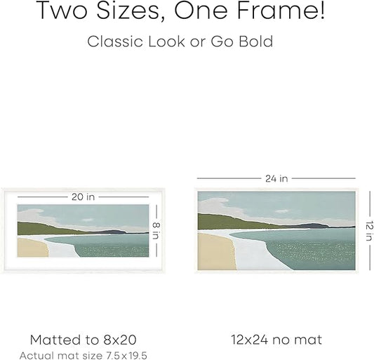 Homeforia 12x24 White Picture Frame, High End Oak 12x24 Wood Poster Frames with Mat 8x20 Photo, 12 x 24 White Wooden Frames Matted to 8 by 20, 24x12 Panoramic Frame, Tempered Glass, Wall Kit, Set of 1