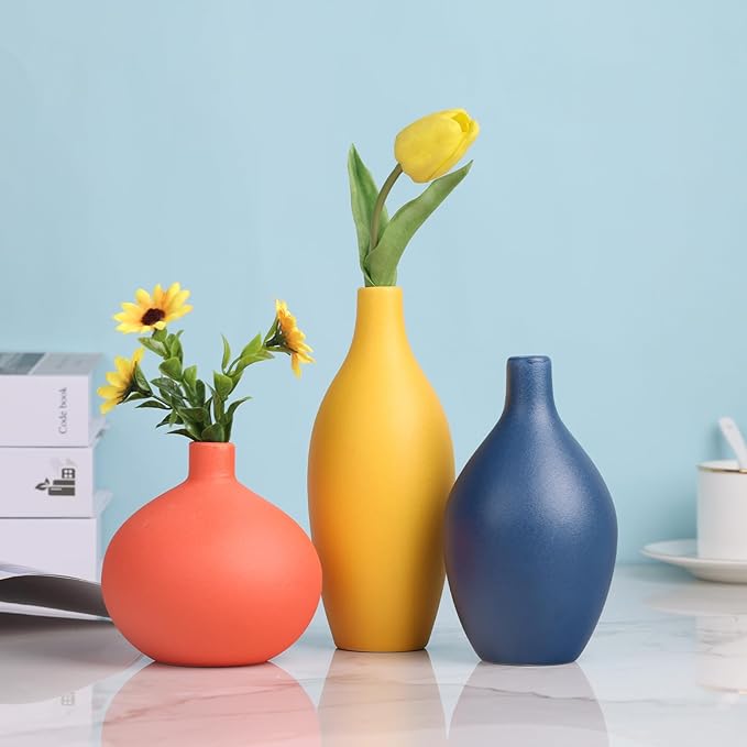 Minimalist Ceramic Vase Set of 3 – Yellow, Orange & Blue | Modern Farmhouse Decor