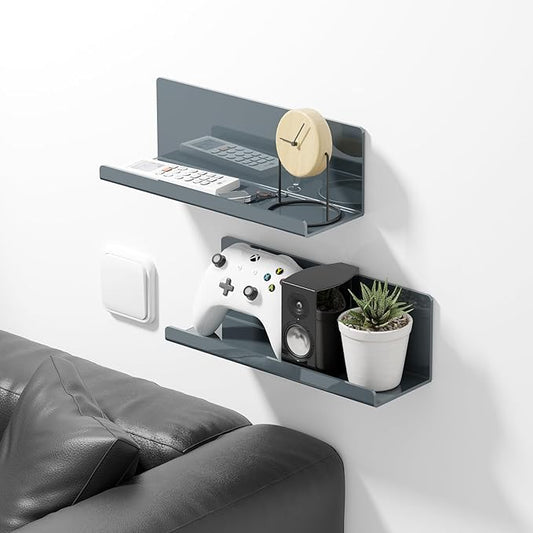 PAVSTINE Adhesive Floating Shelves for Wall No Drilling, 12 Inch Acrylic Self Adhesive Shelves, Stick on Shelves, Dorm Wall Shelf, for Bathroom, Kitchen, Bedroom, Office, Gaming Room, Gray