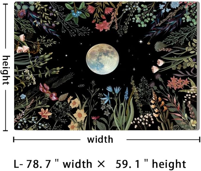 Amhokhui Moonlit Garden Tapestry Boho Moon Tapestry Floral Flower Tapestries Colorful Plants Tapestries Black Wall Hanging Decor for Home