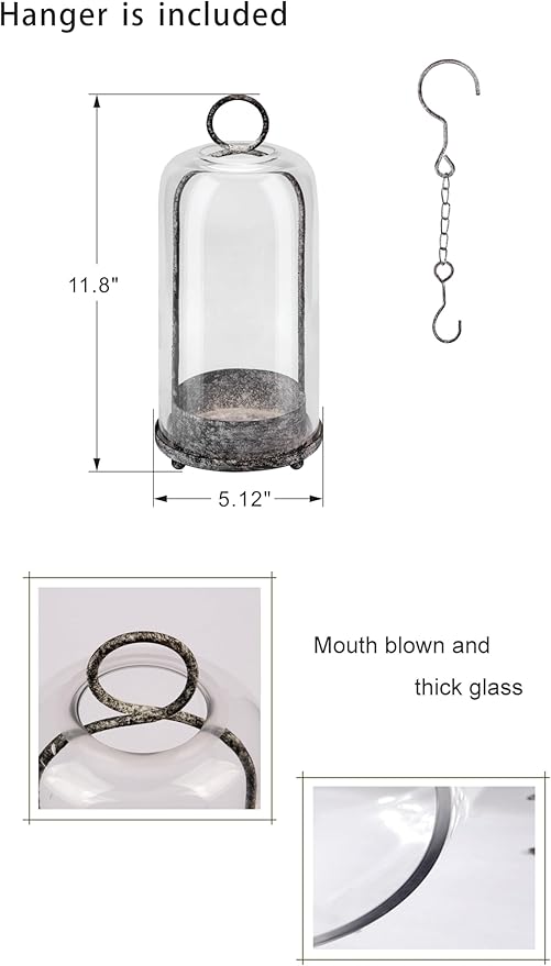 12" High Versatile Modern Metal Hurricane Lantern with Handmade Sturdy Glass Dome in Shabby Black for Pillar Candle & Plants, Industrial, Farmhouse (Black Shabby, 5"x12")