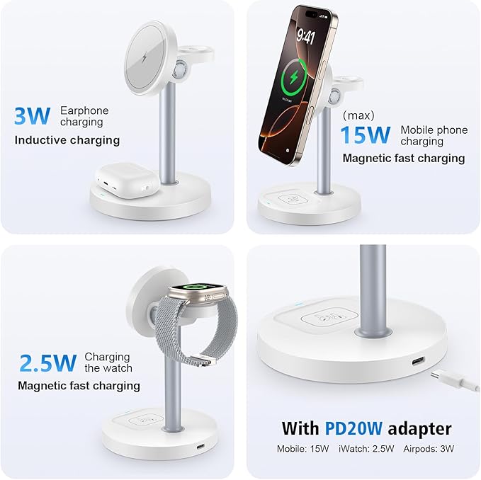 3 in 1 Wireless Charging Station for Apple Devices, 15W Fast Magnetic Charger Nighstand for Bedrooms, iPhone 17 Air 16 15 14 13 12 11 Series, Apple Watch, Airpods, Gifts for Men & Women(No AC Adapter)