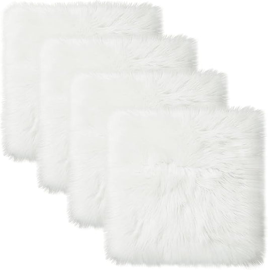 Softlife White Faux Fur Sheepskin Chair Cover 4 PCs Seat Cushion Pad Super Soft Area Rugs for Living Bedroom Sofa Dorm (1.6ft x 1.6ft)