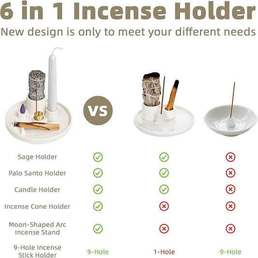 WhiteRhino Ceramic Incense Burner,6 in 1 Multifunction Incense Holder|Sage Holder for Burning|Palo Santo Holder|Candle Holder|Incense Cone Holder|Moon Shape Stand,Ash Catcher Tray for Meditation Yoga