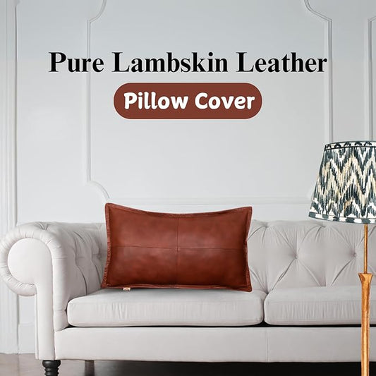 100% Lambskin Leather Pillow Cover - Sofa Cushion Case - Decorative Throw Covers for Living Room & Bedroom, 14X22 Inch - Mango Tan Antique Box Pack of 1