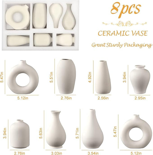 Ceramic Bud Vase Set of 8, Small Vase for Flowers, White Mini Bud Vase in Bulk for Centerpieces, Rustic White Ceramic Vase Set for Flowers, Room Décor, Wedding Party