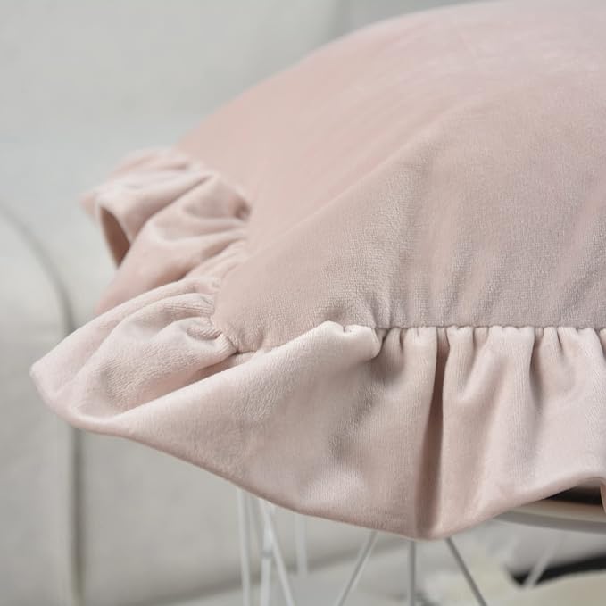Velvet Ruffle Throw Pillow Covers Couch, Set of 2 Decorative Pillowcases with Ruffles 18x18 Inch Solid Color Shabby Chic Farmhouse Cushion Cover for Living Room Sofa Bed, Beige