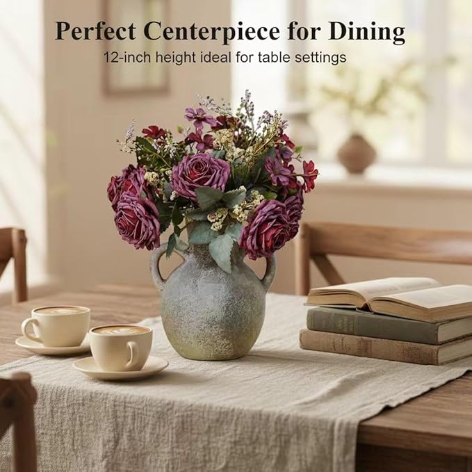 Retro-Style vase, Artificial Faux Flower Bouquet for Home Decor Indoor Fake Bouquet Faux Floral Arrangements Dining Table Centerpieces for Kitchen(Terracotta)