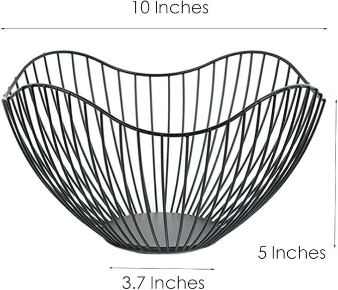 Fruit Basket for Kitchen Counter, 10 Inches Mordern Black Metal Wire Produce Bowl for Fruit Vegetable (Curve)