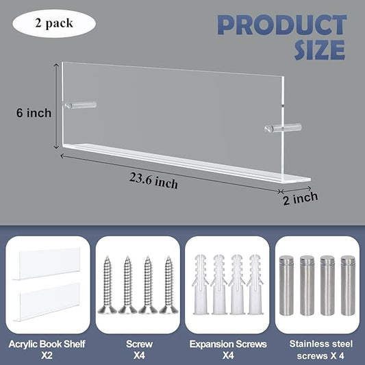 DuvinDD 2 Pack Acrylic Magazine Holder Rack Brochure Holder Wall Mount 24 inch Clear Hanging Magazine Rack Floating Bookshelf for Literature Pamphlet Organizer for Room Office, with Mounting Kit