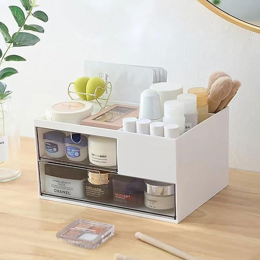 Desk Drawer Organizer, Desk Storage Box with 2 Drawers and 4 Compartments, Multifunctional Desk Accessories & Countertop Organizers for Office School Home (White)