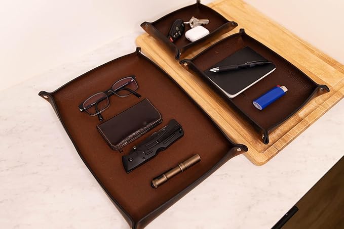 Valet Tray – Full-Grain Leather Catchall Organizer for Keys, Phone & Wallet – Rustic Nightstand & Desk Tray with Raised Sides – Handmade in USA (Vintage Brown, Medium Rectangle)