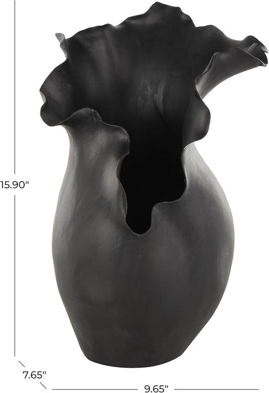 Deco 79 Ceramic Abstract Decorative Vase Floral Inspired Centerpiece Vase with Wavy Edge, Flower Vase for Home Decoration 10" x 8" x 16", Black