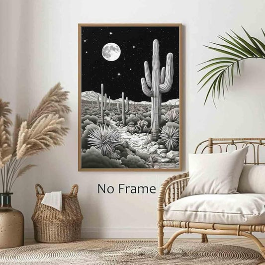 Black And White Cactus Wall Art Black Western Canvas Desert Landscape Wall Art Southwest Theme Pictures Vintage Cactus Print Vintage Night Landscape Print Mid Century Boho Picture 16x24inch No Frame