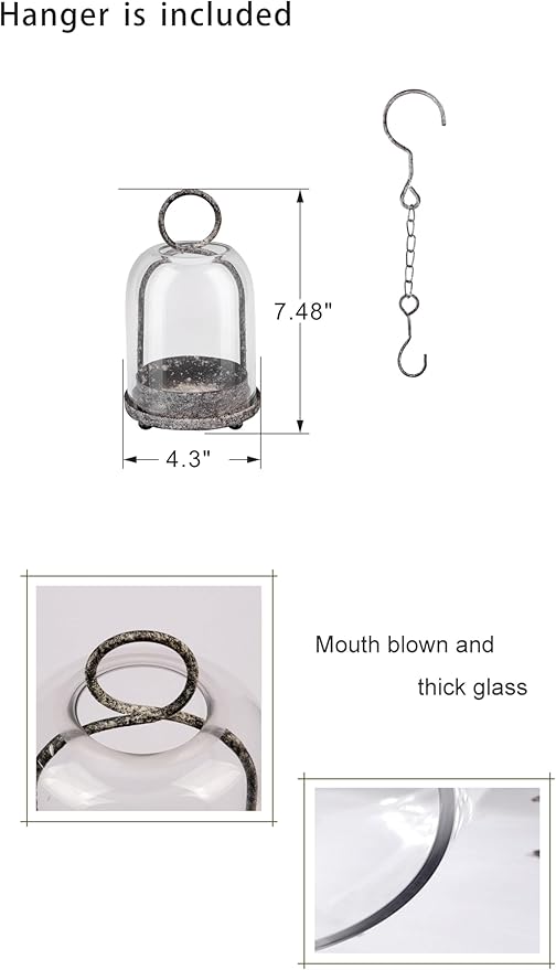 7.5" High Versatile Modern Metal Hurricane Lantern with Handmade Sturdy Glass Dome in Shabby Black for 2" Pillar Candle & Plants, Industrial, Farmhouse (Black Shabby, 4" x7.5 for 2" Pillar)