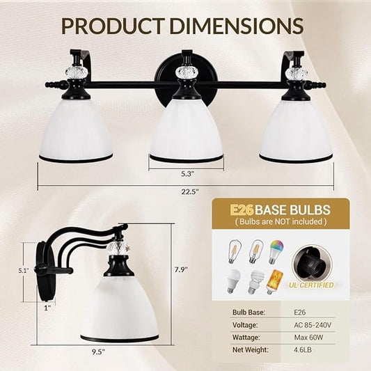 ANDY STAR Milky Glass Bathroom Vanity Light Over Mirror, 3-Light Matte Black Bathroom Light Fixtures with Frosted Glass, 22.5 inch Modern Vanity Lighting Wall Mount, E26 Base, Bulbs Not Included