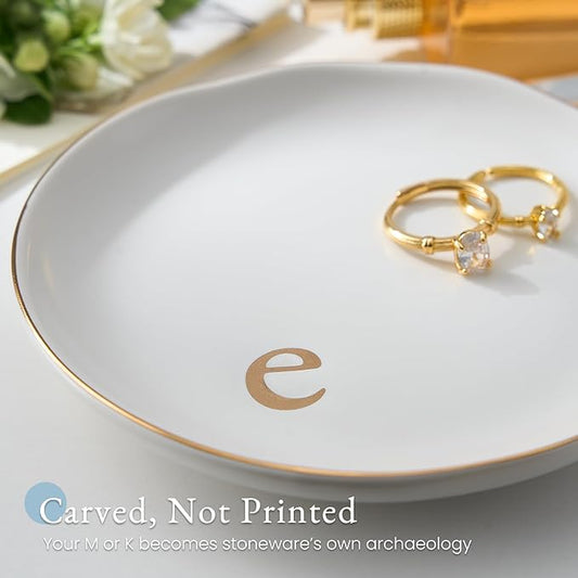 Lolalet Handmade Ceramic Ring Dish Jewelry Tray Plate with Initial, Small Monogram Gift for Her Women Girls Mother, Hostess, Engagement, Bridal Shower, Maid of Honor, Bridesmaid, Birthday, Christmas
