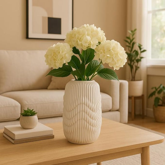 Ceramic Vase for Office and Room Decor – 3D Printed Ribbed Elegant Flower Vase for Bedroom, Table, and House Setting – Minimalist Accent for Home and Living Room Decor – Ivory (14 Inch)