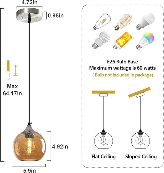 Amber Glass Pendant Lights Kitchen Island Globe Pendant Light Fixtures Modern Pendant Lighting for Bedroom Living Dining Room Light Fixture (5.9 in, 2 Pack)