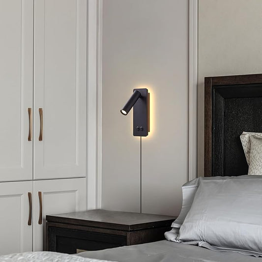Wall Mounted Reading Light for Books in Bed, Bedside Wall Lamps with 3 Dimming, 350°Rotation Plug in Wall Sconce, Upgrade Headboard Bedside Lamp for Bedroom Living Room (Black)