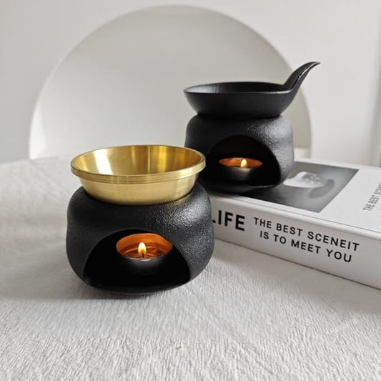 Delicate Romantic Metal Tealight Candle Holder Oil Tart Burner Aroma Diffuser Furnace Home Decoration Split Copper Plates Can Be Dry Burned Black Gold