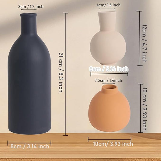 Ceramic Vase Set of 3, Rustic Modern Brown Vases for Bouquet, Fresh or Dried Plants, Home Decor-Modern Decorative Ceramic Flowers Vase for Rustic Home Decor (White-Dark)
