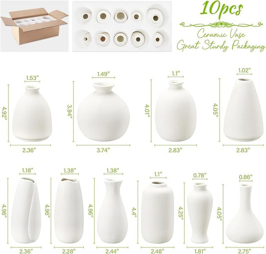 10pc Ceramic Bud Vases Set - 2-3 Inch White Small Vases Collection for Flowers | Boho & Modern Ceramic Vase Set for Table Décor, Wedding, Cute Vase Home Decor