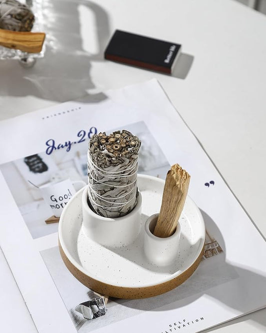 Ceramic Smudge Tray, 2 in 1 Smudging Bowl, Sage Holder, Palo Santo Holder, Incense Holder for Sage and palo Santo, Ideal for Smudging Meditation Yoga Room, Simple, Sturdy, Terracotta