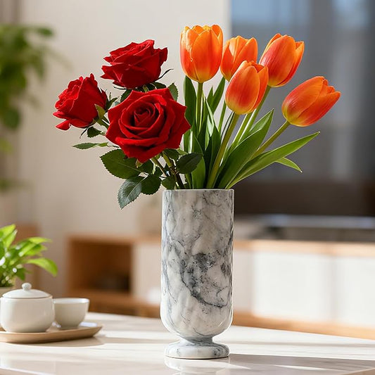 ZHOUYUESTONE Marble Vase, Hand-Carved Stone Vase for Home Decor, Artisanal Centerpiece for Farmhouse, Table, Bookshelf, Mantel, Living Room, Office, Kitchen - Classical & Rustic