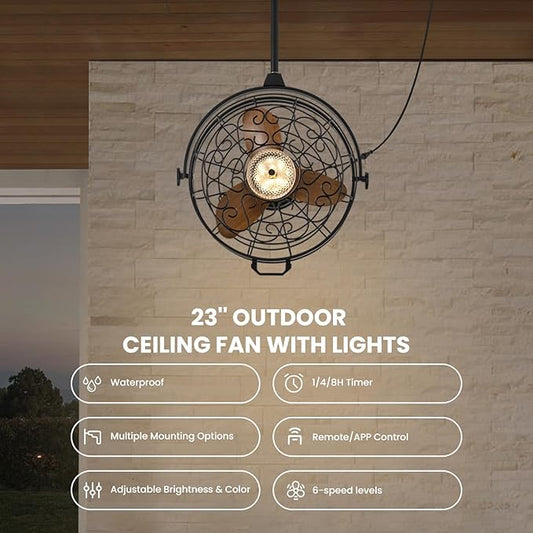 CROSSIO 23'' Outdoor Ceiling Fans with Lights, Gazebo Fan Wet Rated Remote&APP Control, Dimmable Hanging Fan with Plug in Cord for Patio Pergola