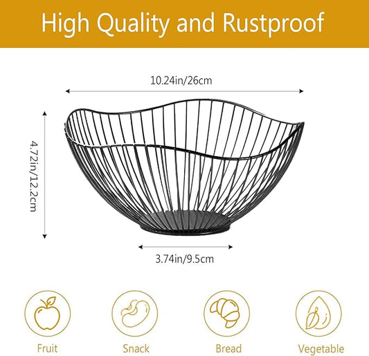 2-Pack Kitchen Countertop Fruit Baskets – Sturdy Metal Wire Rack, Multi-Purpose Tabletop Storage Tray for Fruits, Vegetables, Bread, and Household Items (Black)