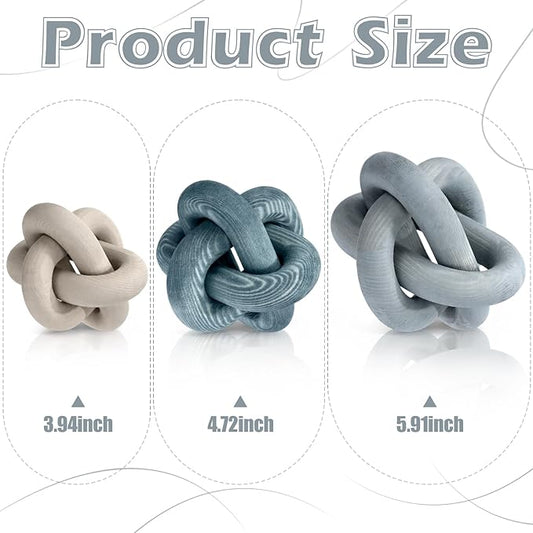 3 Pack Wooden Knot Decorations 3 Color Set Coordinated Boho Nautical Home Decor for Shelf, Wall, Tabletop, Sizes 3.94", 4.72", 5.91"(Gradient Blue)